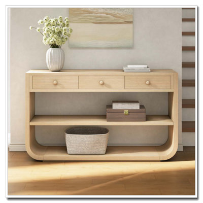 Console moderne avec 3 tiroirs à fermeture en douceur et 2 tablettes ouvertes
