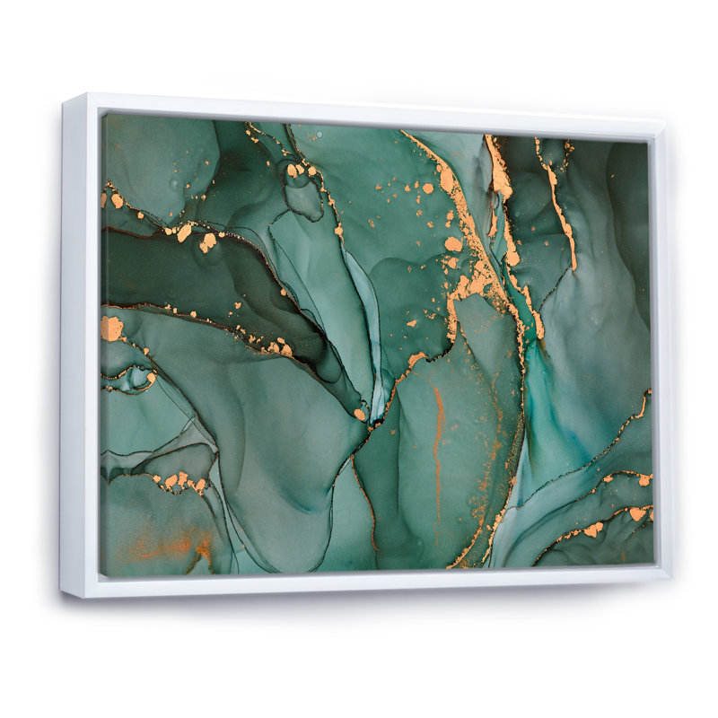 Turquoise et gris luxueux abstrait fluide IV - peinture sur toile, H 34 po x l 44 po x P 1,5 po, Cadre flottant blanc