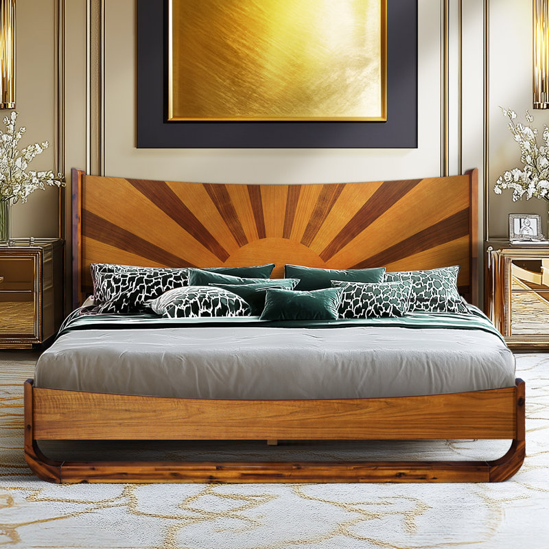 Sunset Solid Wood Bed Frame Solid Wood Bed Frame with Artistic Patterned Headboard, Mid-Century Art Deco Design, Queen