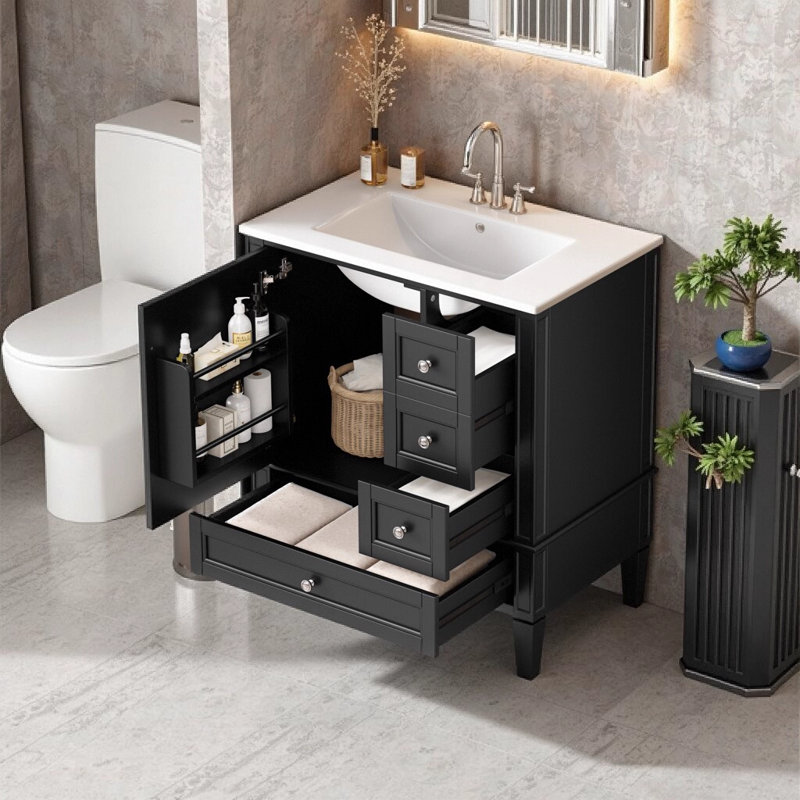 Meuble-lavabo de 30 po avec lavabo en céramique, armoire moderne en bois massif avec 3 tiroirs à fermeture en douceur, meuble-lavabo autoportant pour la salle de bain