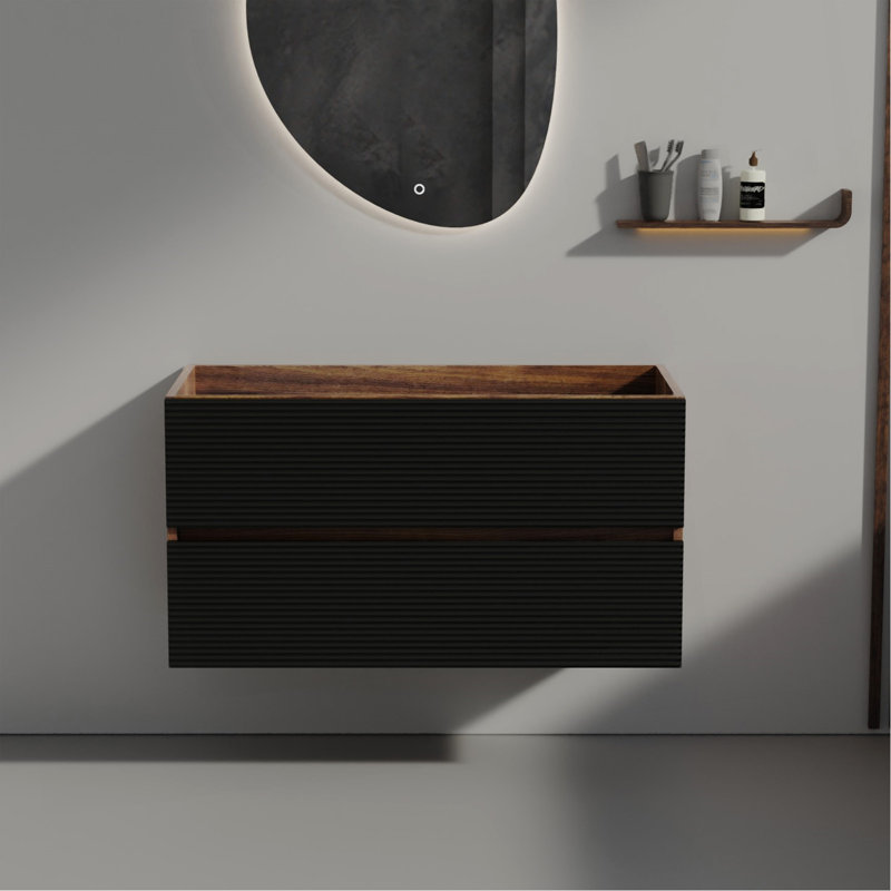 Meuble-lavabo mural 36 po en noyer avec tiroirs noirs doux SANS lavabo, armoire de salle de bain flottante murale, 36"