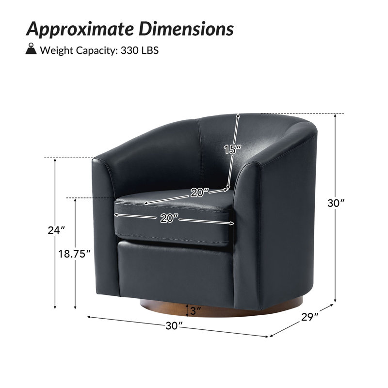 Fauteuil demi-tonneau pivotant en cuir véritable de 30,5 po de largeur avec base en bois massif Amiir, Marine