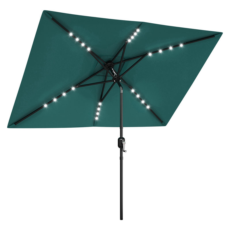 Parasol de marché solaire 10 pi x 6,5 pi à DEL avec manivelle et inclinaison bidirectionnelle, bleu sarcelle, Bleu