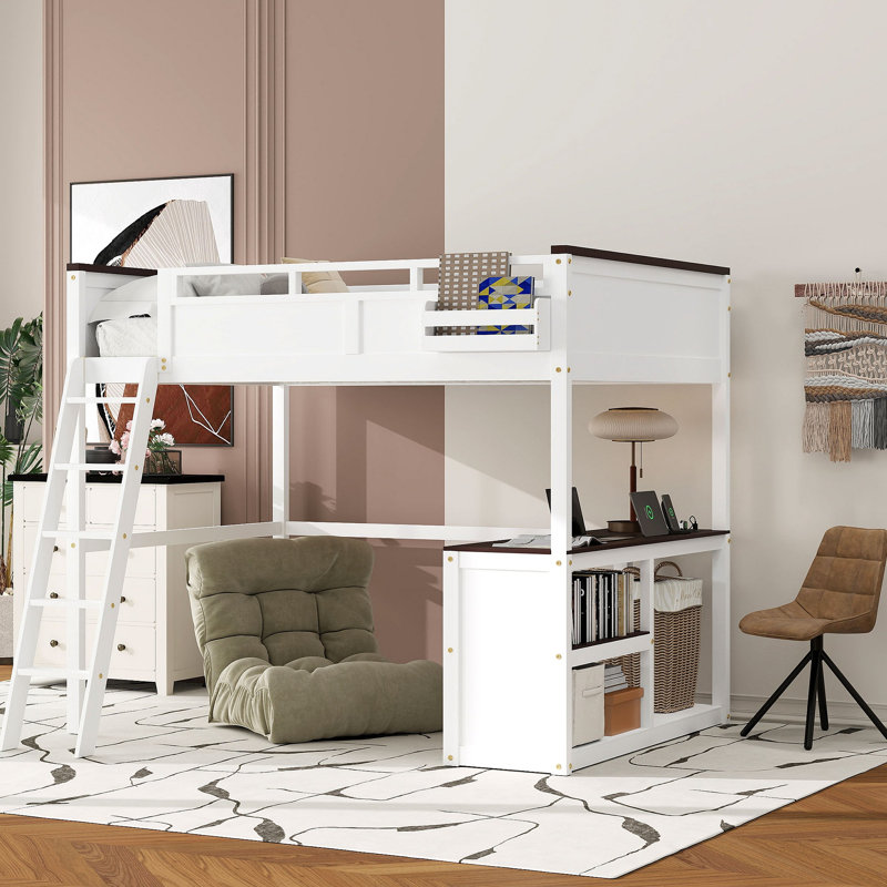 Lit mezzanine avec bureau, tablette ouverte et boîte de rangement, station de charge USB