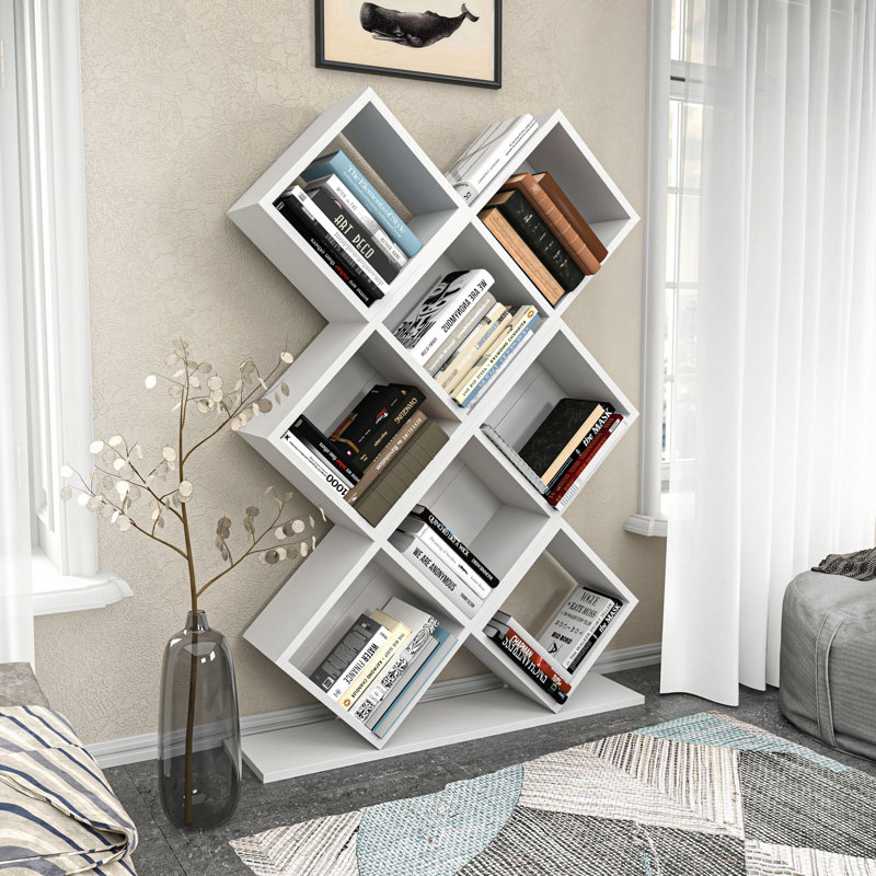 Modern White Bookshelf, 100% Melamine Coated Particle Board, 35.4 x 50.8 x 7.7 inches | Numerous Shelves | Wall-Mountable | Stylish Geometric Design for Home or Office | Durable & Elegant Storage Solution