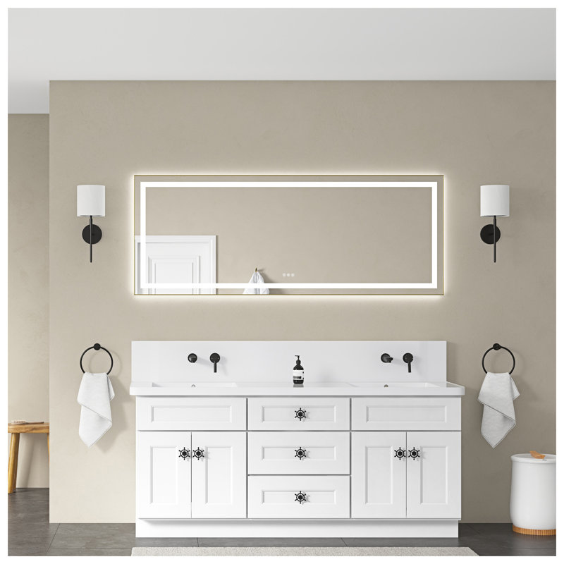 Miroir de salle de bain 72 "x 28" à DEL avec façade et rétroéclairage, finition or brossé, applique murale pour meuble-lavabo