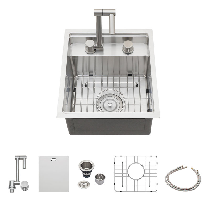 Évier de cuisine encastré à simple cuve en acier inoxydable avec robinet, grille d'évier, crépine et planche à découper L 15 po x l 17 po