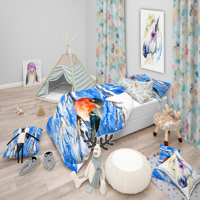 Ensemble de housse de couette Designart Bullfinch in Snow Storm, Housse simple + 1 taie décorative
