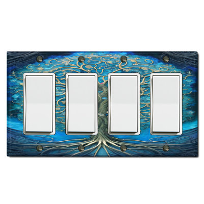 Tree Of Life Wood Flower Blue Nature Themed 4 - Gang Rocker Standard Wall Plate