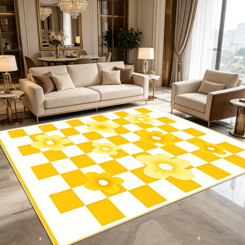 1PC Yellow Checkered Daisy Floral area rugs for Living Room, Soft, All seasons, Easy-maintain, Washable Indoor mat, Farmhouse suitable for dining room, bedroom, kitchen, entryway, home office, backyard patio, Home Decor, Outdoor Decor.