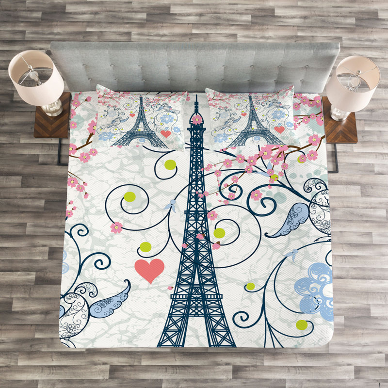 Dark Blue/White/Pink Polyester Bedspread Set, 220 x 264 cm