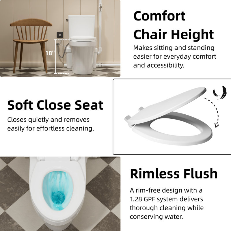 600W Macerating Toilet System with Rear Discharge, Quiet Upflush Pump for Basement, Two Extension Pipes and  P-Trap Compatible