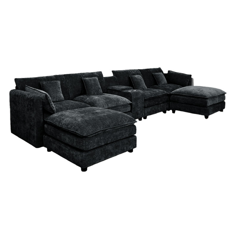 Canapé modulaire en forme de U 144,49 po avec repose-pieds mobile, canapé modulaire confortable avec boîte de rangement et porte-gobelets