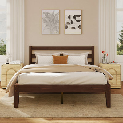 Lit plateforme en bois massif de style Mid-Century avec tête de lit, cadre de lit moderne avec support silencieux et robuste - aucun sommier nécessaire
