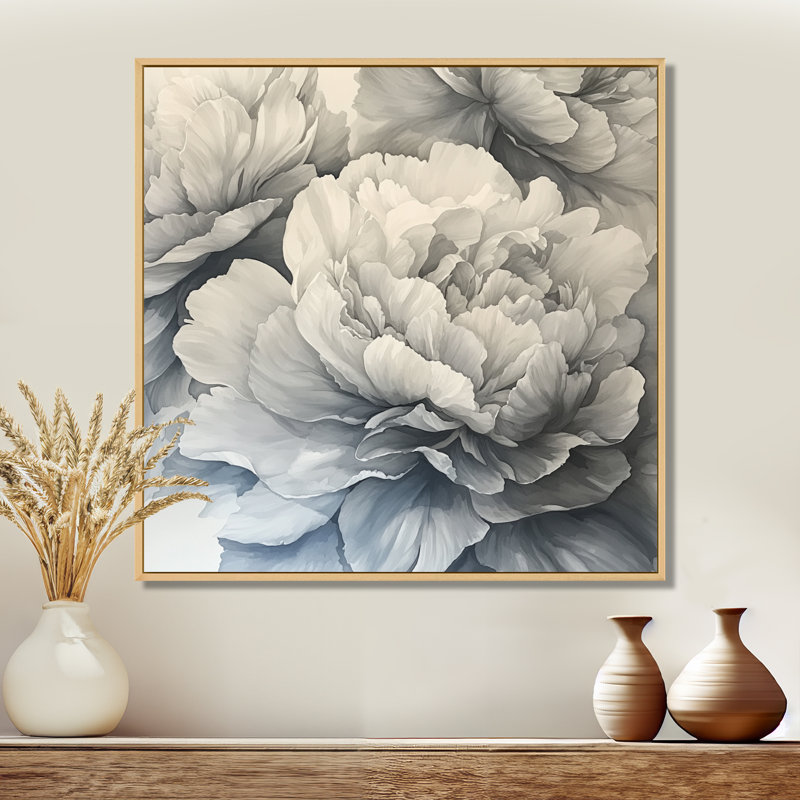Pivoines en couches monochromes II - pivoines, art mural, H 36 po x l 36 po, Impression encadrée flottante, Crème, crème