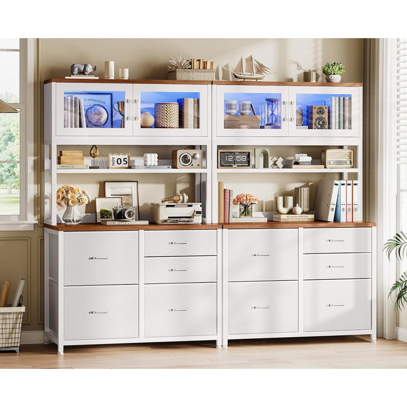 Classeur à 5 tiroirs avec multiprise et lumières DEL, classeur 31,5 po avec tablette de rangement pour bureau personnel, support pour format lettre / légal / A4, support pour imprimante, blanc et brun