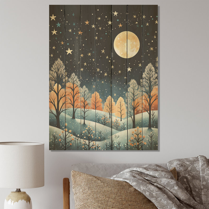 Hiver, pin, ciel étoilé II - pin sur bois, H 32 po x l 24 po