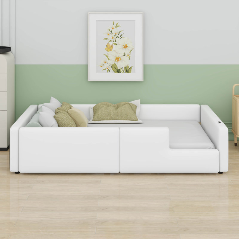 Twin Upholstered Platform Bed Frame With Guardrail & Built-In Charging Station
