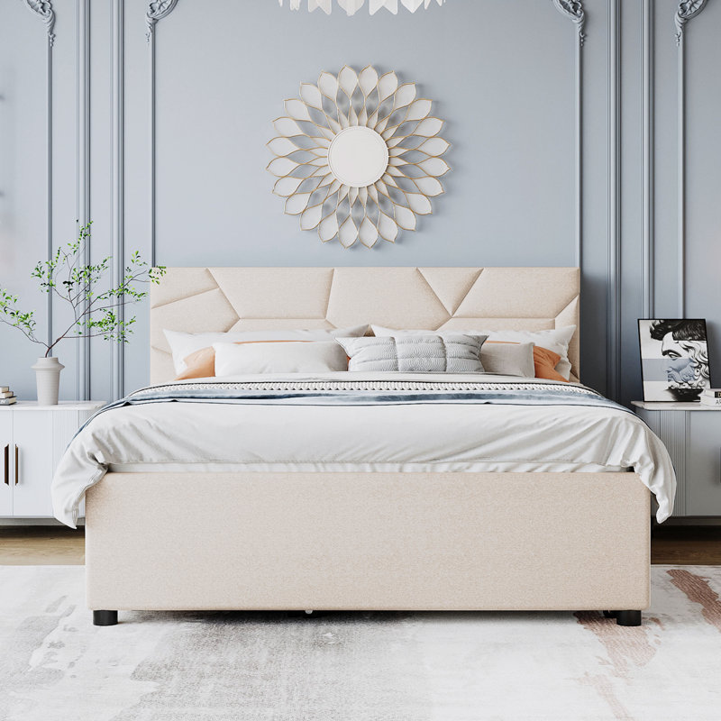 Embra Upholstered Platform Bed, Beige, Queen