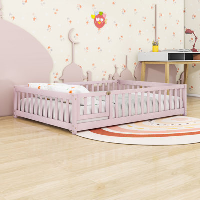 Wood Low Platform Bed With Fence Door And Guardrails
