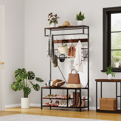 5-in-1 Hall Tree Coat Rack with Bench - Entryway Organizer with Adjustable Shelf, Shoe Storage, Hanging Rod & 9 Hooks - Multi-Functional Stand, Marbled Slabs