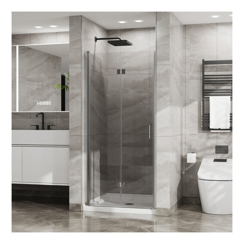 Bifold Frameless Glass Shower Door 1/4 inch Tempered Clear Glass Pivot Swing Shower Panel, Foldable, Chrome