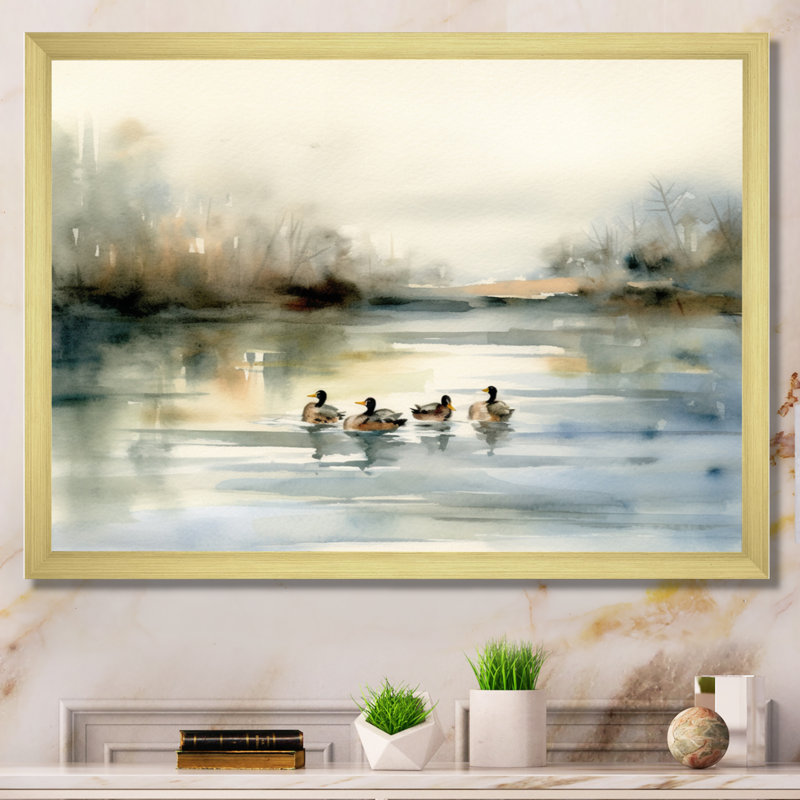 «Ducks in Pond II», art mural sur toile, Cadre doré, H 30 po x l 40 po x P 1,5 po