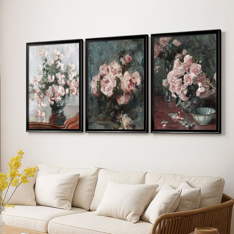 Impression florale rétro CCL XXVI - Toile tendue avec châssis sur mesure - 3 pièces, H 21 po x l 30 po
