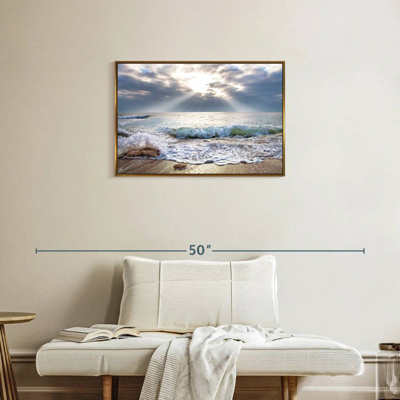 Océan au lever du soleil, Cadre flottant doré, 31 po x 21 po