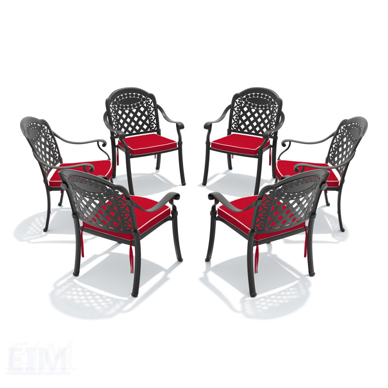 Elegant Cast Aluminum Patio Dining Chair Set Of 6 With Weather-Resistant Coating And Comfortable Red Cushions,  For Outdoor Entertaining.