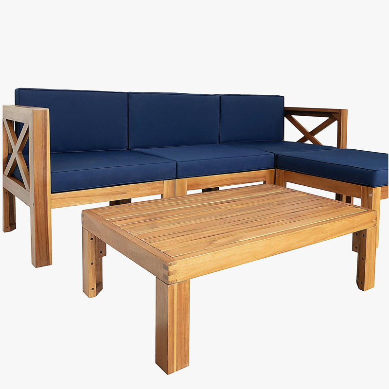 Ensemble de conversation modulaire en bois pour terrasse 5 pièces avec coussins, finition naturelle et coussins bleus Topmax