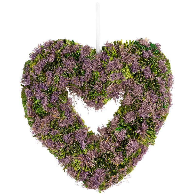 Couronne mauve mauve et brindille verte avec cœur 14,5 pouces non éclairé