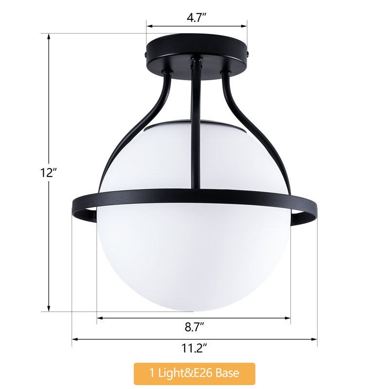 11.2" W 1-Light Frosted Glass Sphere Semi Flush Mount , Matte Black
