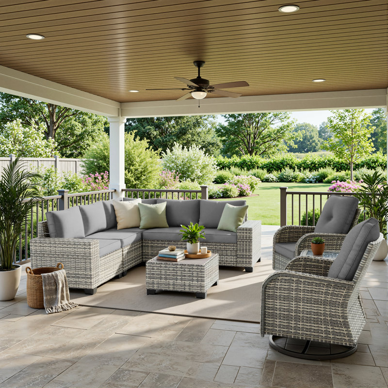 9-Piece Outdoor HDPE Wicker Patio Conversation Set With Wide Armrests, Sectional Sofa & Swivel Chairs, Gray
