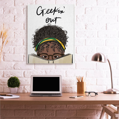 " Geek In Out Phrase Woman Reading Book " by Anna Quach