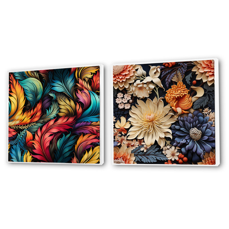 Courvevoie - Ensemble de 2 collages carrés botaniques abstraits, H 36 po x l 73 po, Cadre flottant blanc
