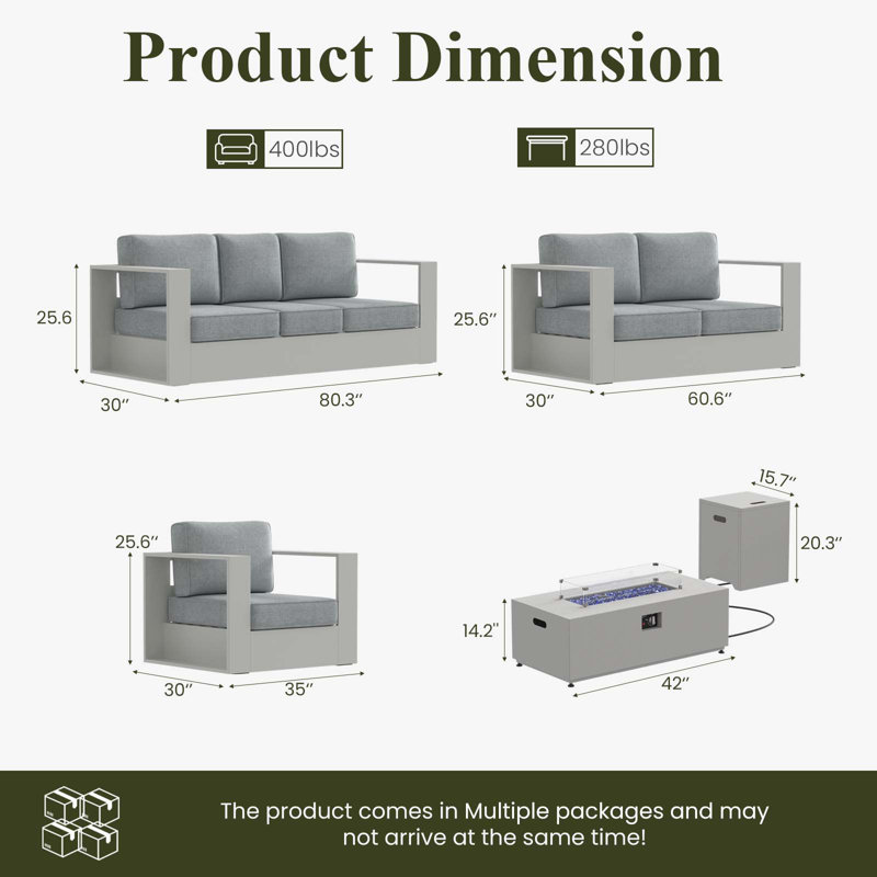 Modern Outdoor Aluminum 5-piece Conversation Set With Firepit Table, Gray Cushion/White Frame