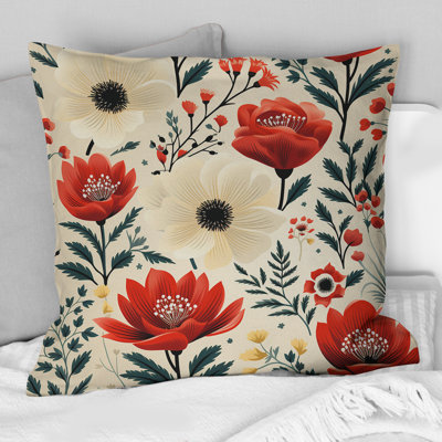 Motif floral rétro rouge et beige - Coussin décoratif imprimé floral