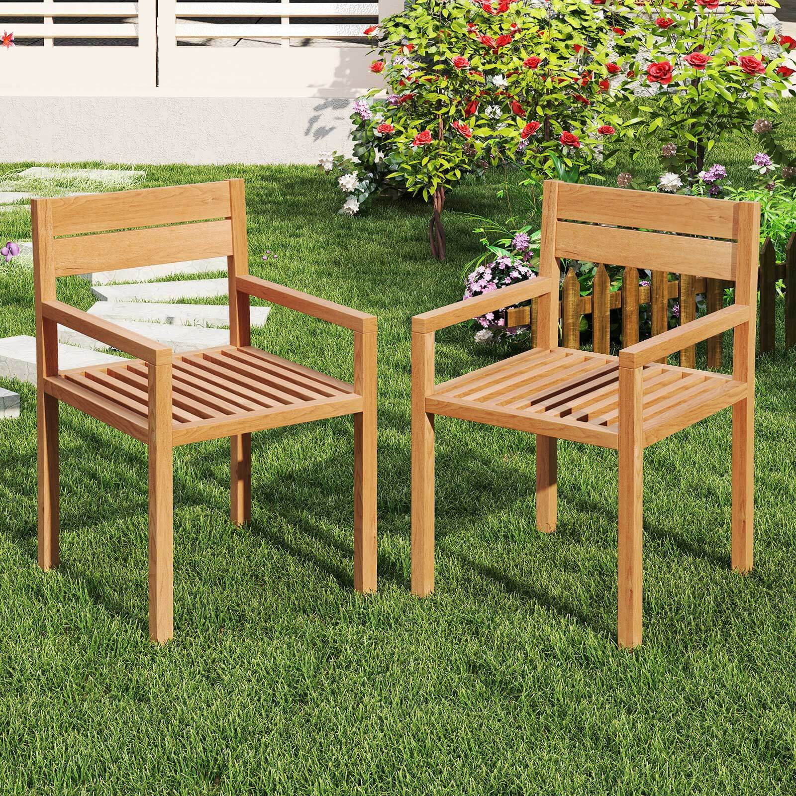 Lark Manor™ 2 Pcs Outdoor Teak Wood Chair Patio Dining Armchair With ...