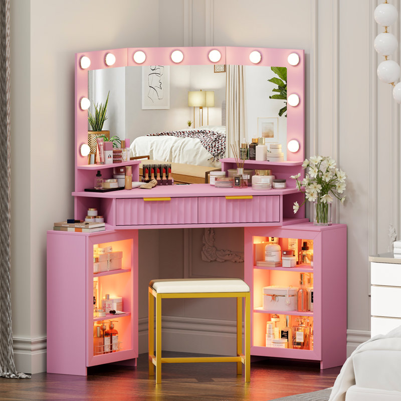 Dressing Table with Motion Sensor 3-colour lighting, Charging Socket and Stool, Pink