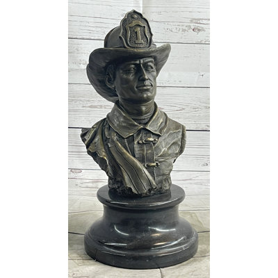 Akono Firefighter Fireman Bronze Metal Bust Statue Sculpture Memorial on Marble Base