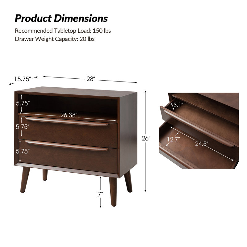 Aviannah 28" W 2-Drawer End Table with Charging Station, Walnut
