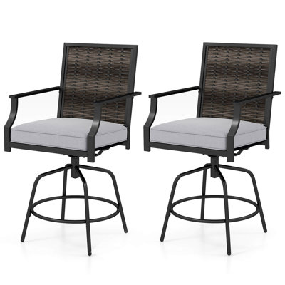 Outdoor Pe Wicker Swivel Bar Stools Set With Back Armrests And Cushion by Red Barrel Studio