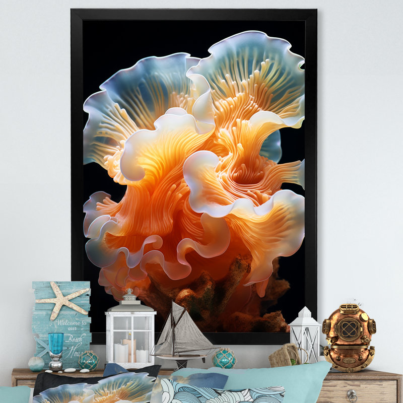 Anémone colorée, récif II - plage et océan, impressions sur toile, Cadre simple noir, H 32 po x l 24 po