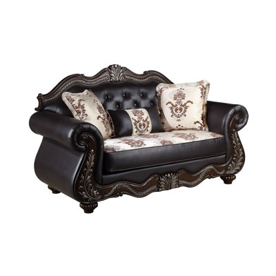 Liana Loveseat, Ornate Carving, Luxurious Tufted Cherry Brown Faux Leather
