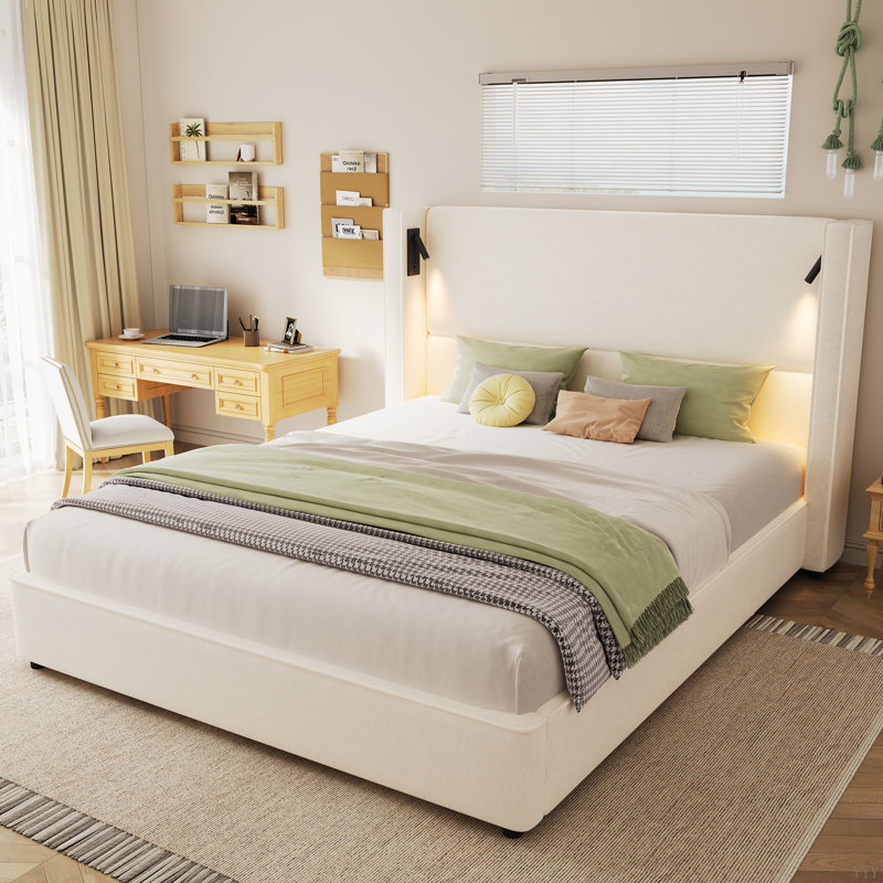  Base de lit rembourrée avec tête de lit haute à oreilles, lampe de lecture et port USB, Grand lit