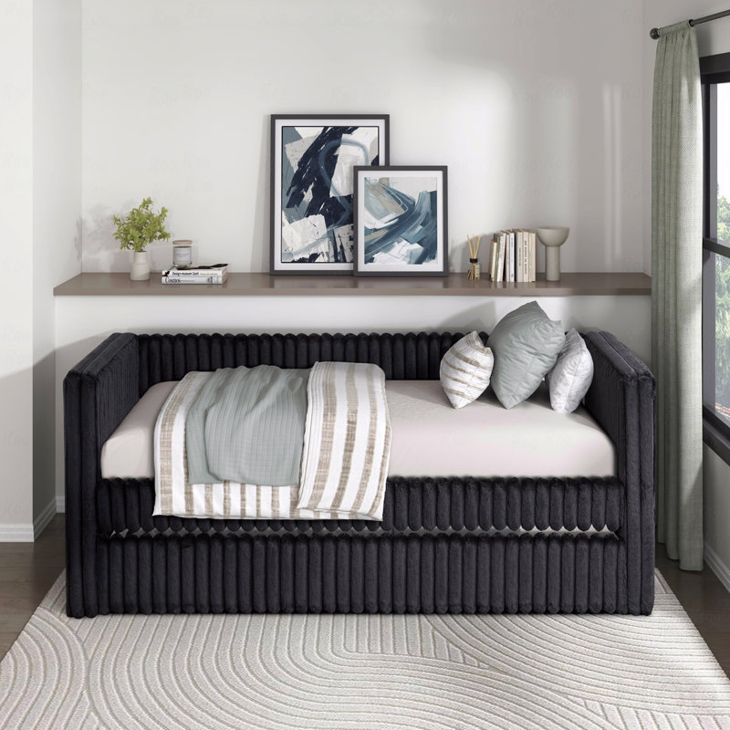 1Pc Trundle Daybed Black Corduroy Fabric Upholstery Modern Luxury Home Furniture Durable Comfortable, Black