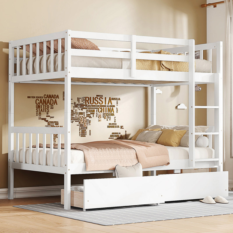 2 Drawers Solid Wood Standard Bunk Bed, White, Twin Over Twin