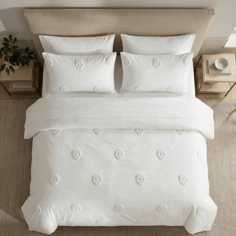 3Pcs White Tufted Skull ULTRA SOFT Reversible Bedding Set Duvet Cover Set Quilt Cover With Pillowcases