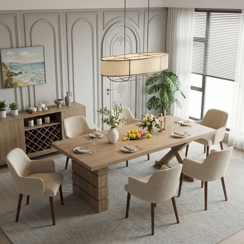 Upholstered Solid Wood Dining Chair Side Chair With Armrests, Beige